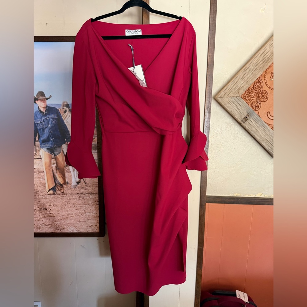 Chiara Boni Red Wrap-Style Long Sleeve Midi Dress